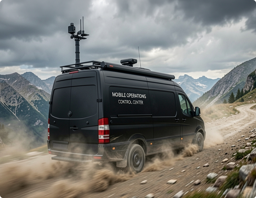 Mobile operations center driving through rugged terrain